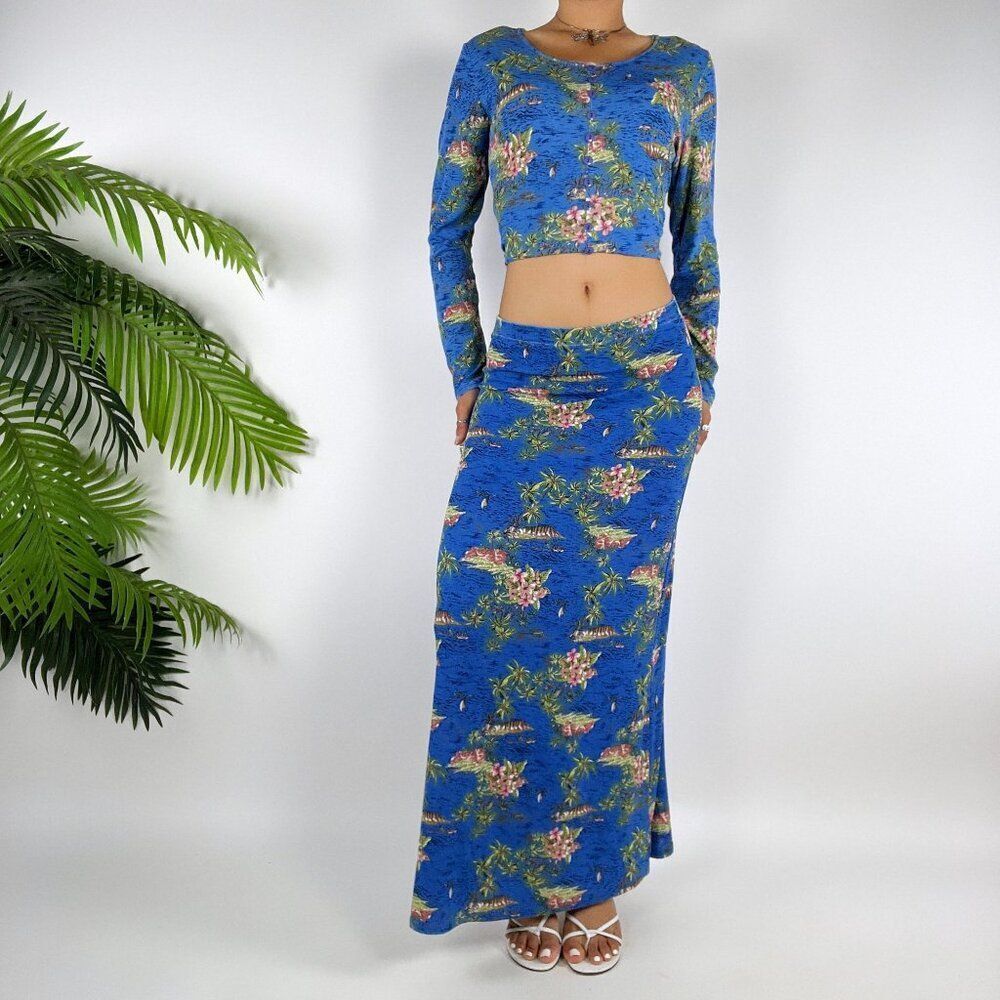 Vintage Y2K Blue Floral Tropical Beachy Long Sleeve Top & Slinky Skirt Set / M
